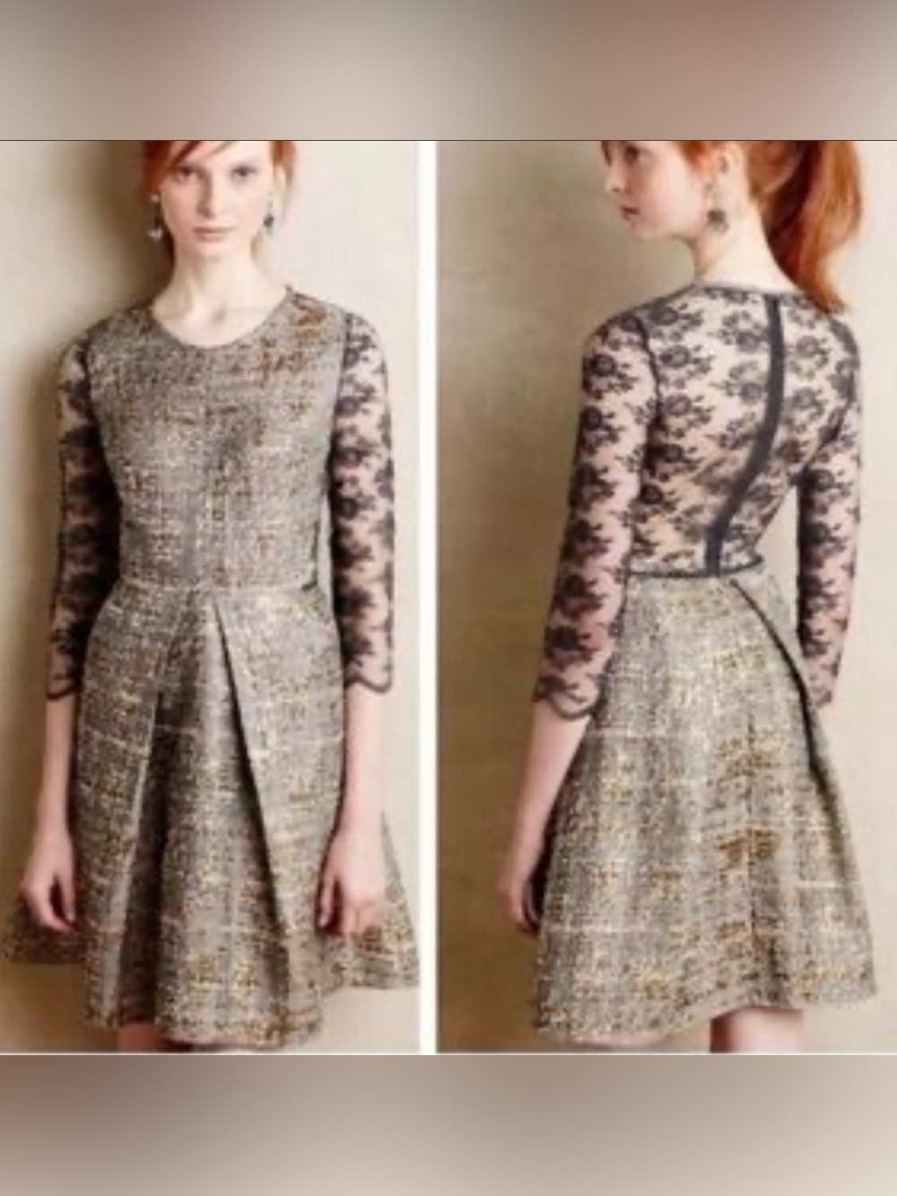 Anthropologie San & Soni Lace Back Pleated Metallic Dress Whimsigoth Size Small